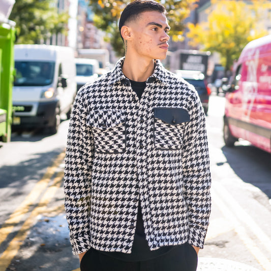 Leather Houndstooth Shirt Jacket